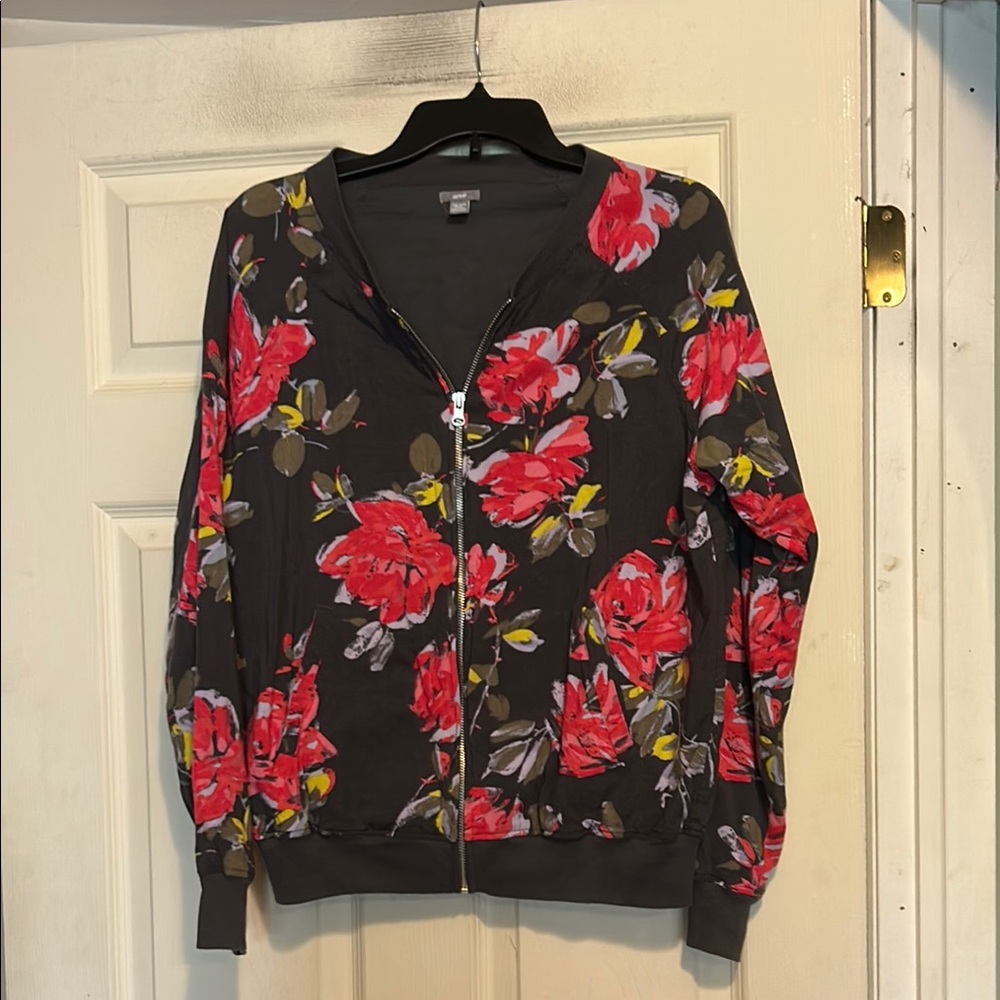 Aerie Pink and Gray Floral Print Bomber Jacket Size L/XL